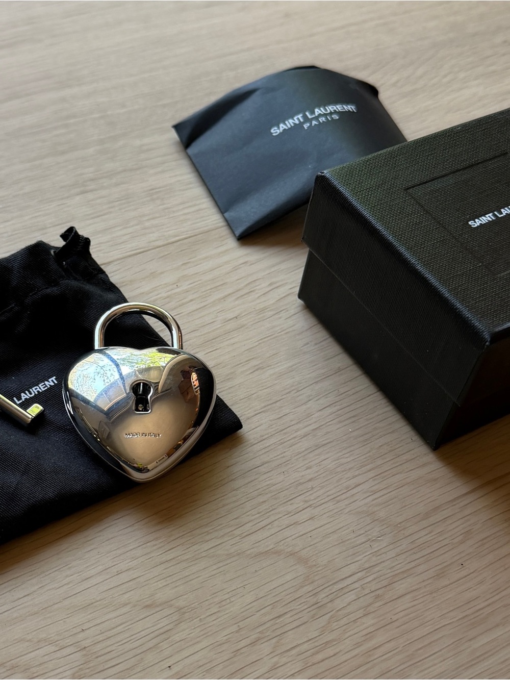 Saint Laurent Silver Heart Lock Charm Keychain
